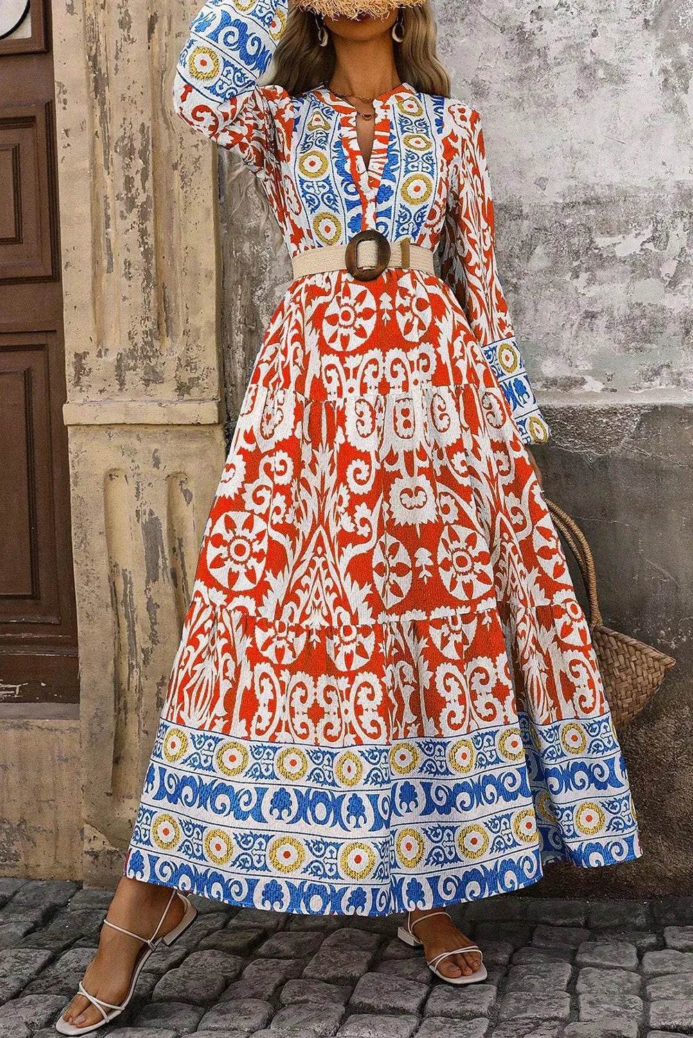 Printed Notched Long Sleeve Maxi Dress - Delanoir