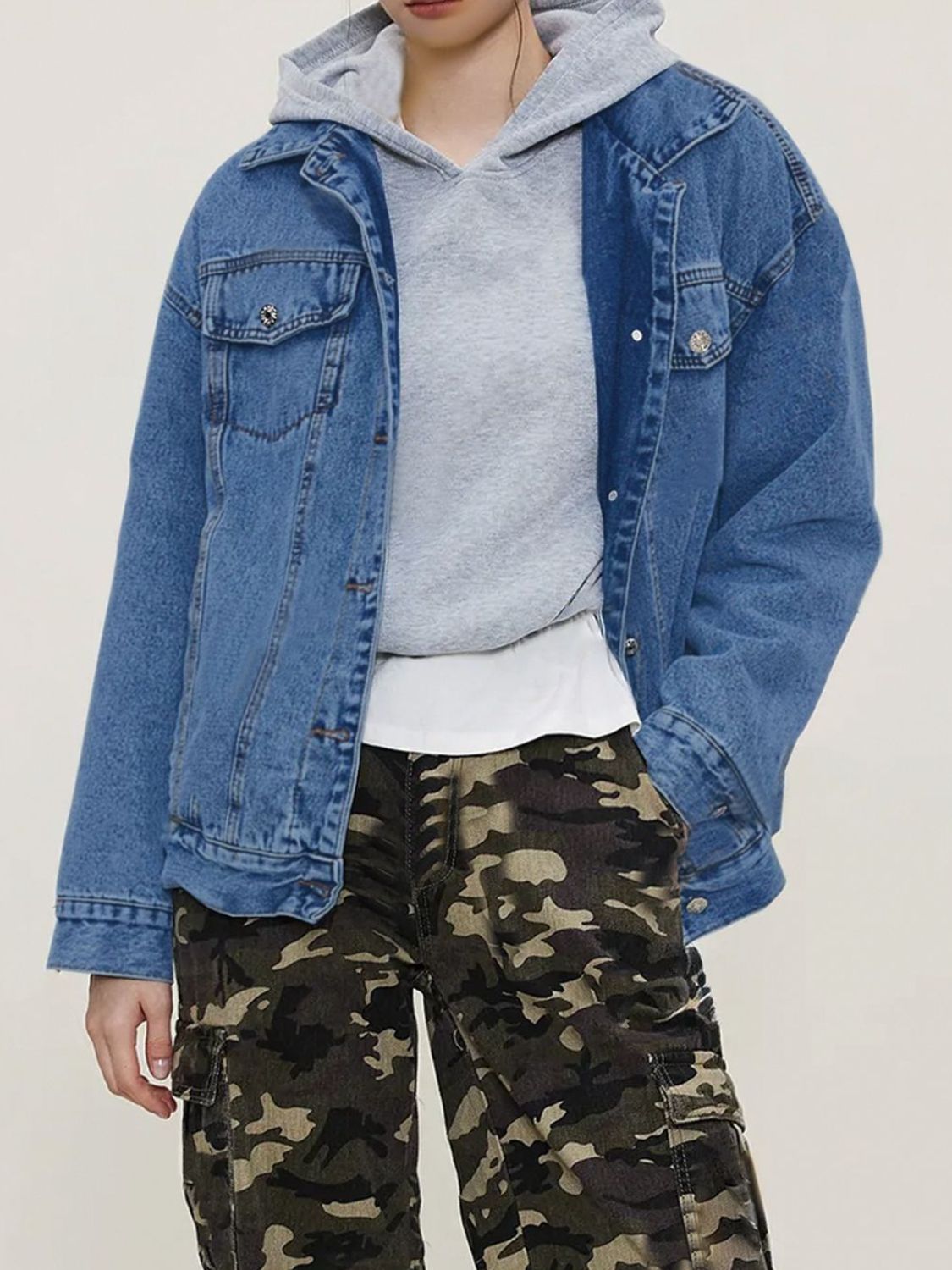 Button Up Collared Neck Long Sleeve Denim Jacket - Delanoir