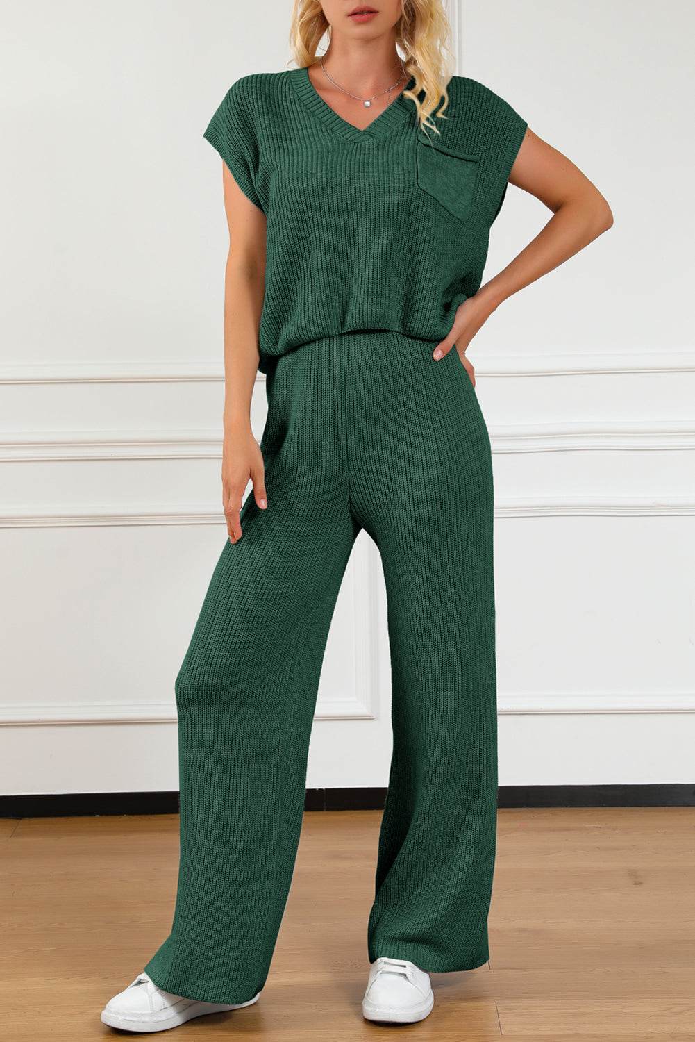 Pocketed V-Neck Top and Wide Leg Sweater Set - Delanoir