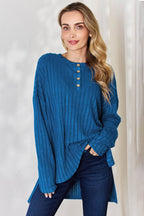 Basic Bae Full Size Ribbed Half Button Long Sleeve High-Low T-Shirt - Delanoir