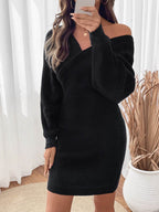 Perfee Surplice Long Sleeve Sweater Dress - Delanoir