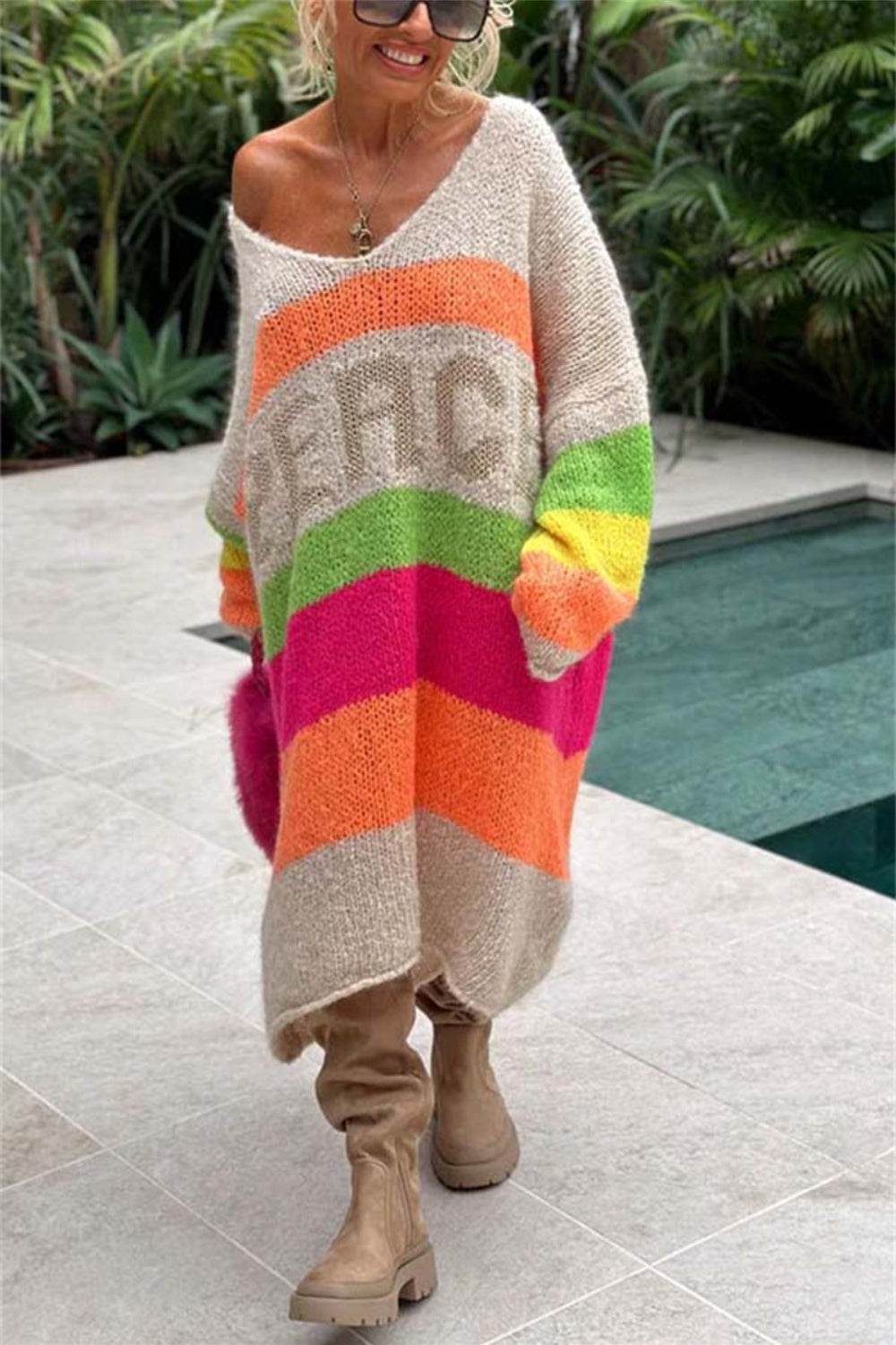 Color Block V-Neck Long Sleeve Sweater Dress - Delanoir