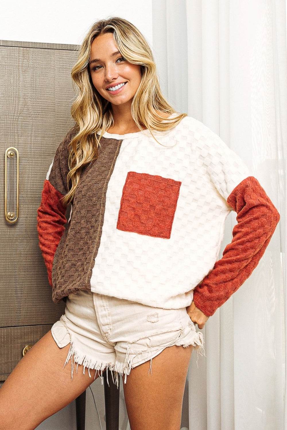 BiBi Color Block Brushed Checker Top - Delanoir