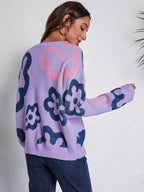 Flower Pattern Round Neck Long Sleeve Sweater - Delanoir