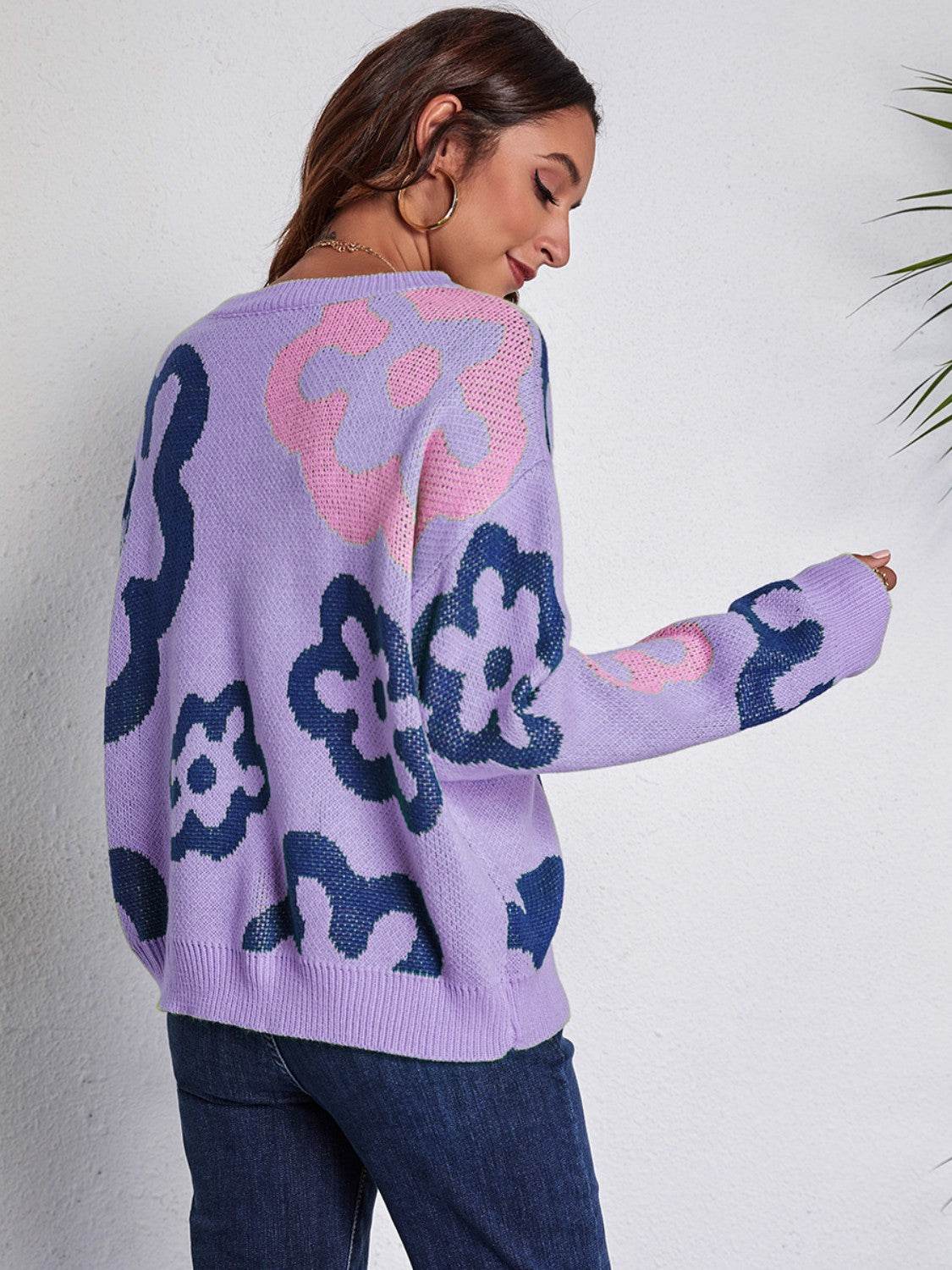 Flower Pattern Round Neck Long Sleeve Sweater - Delanoir