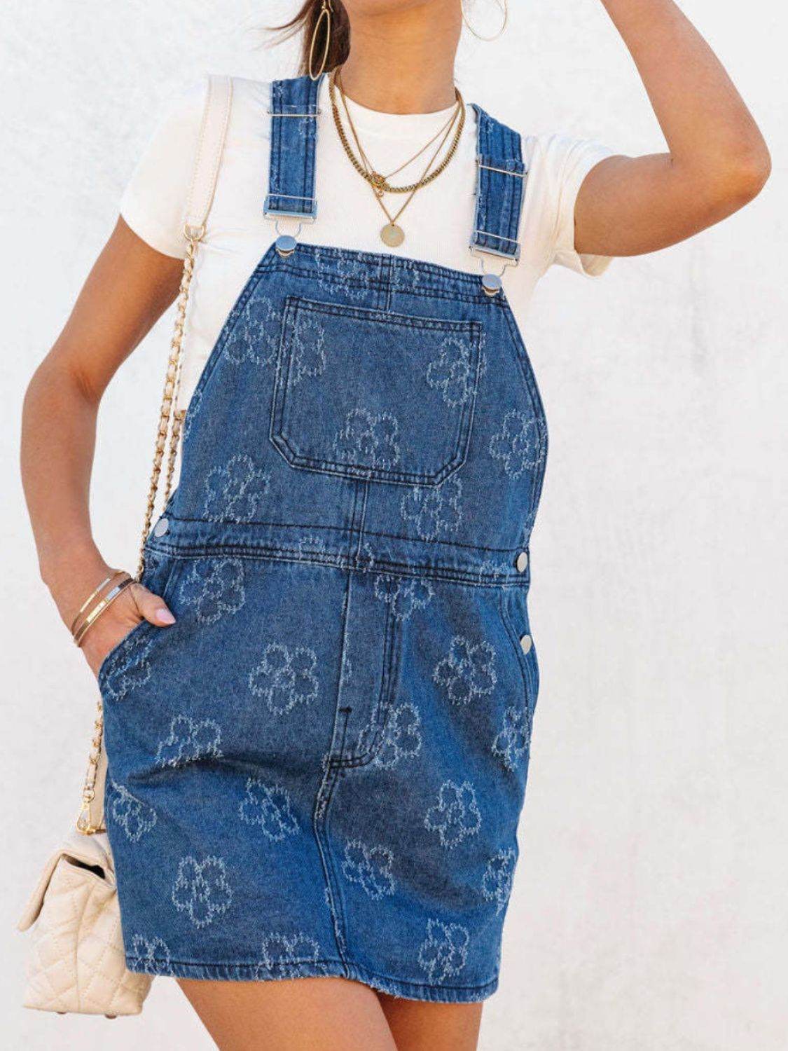 Flower Wide Strap Denim Overall Dress with Pockets - Delanoir