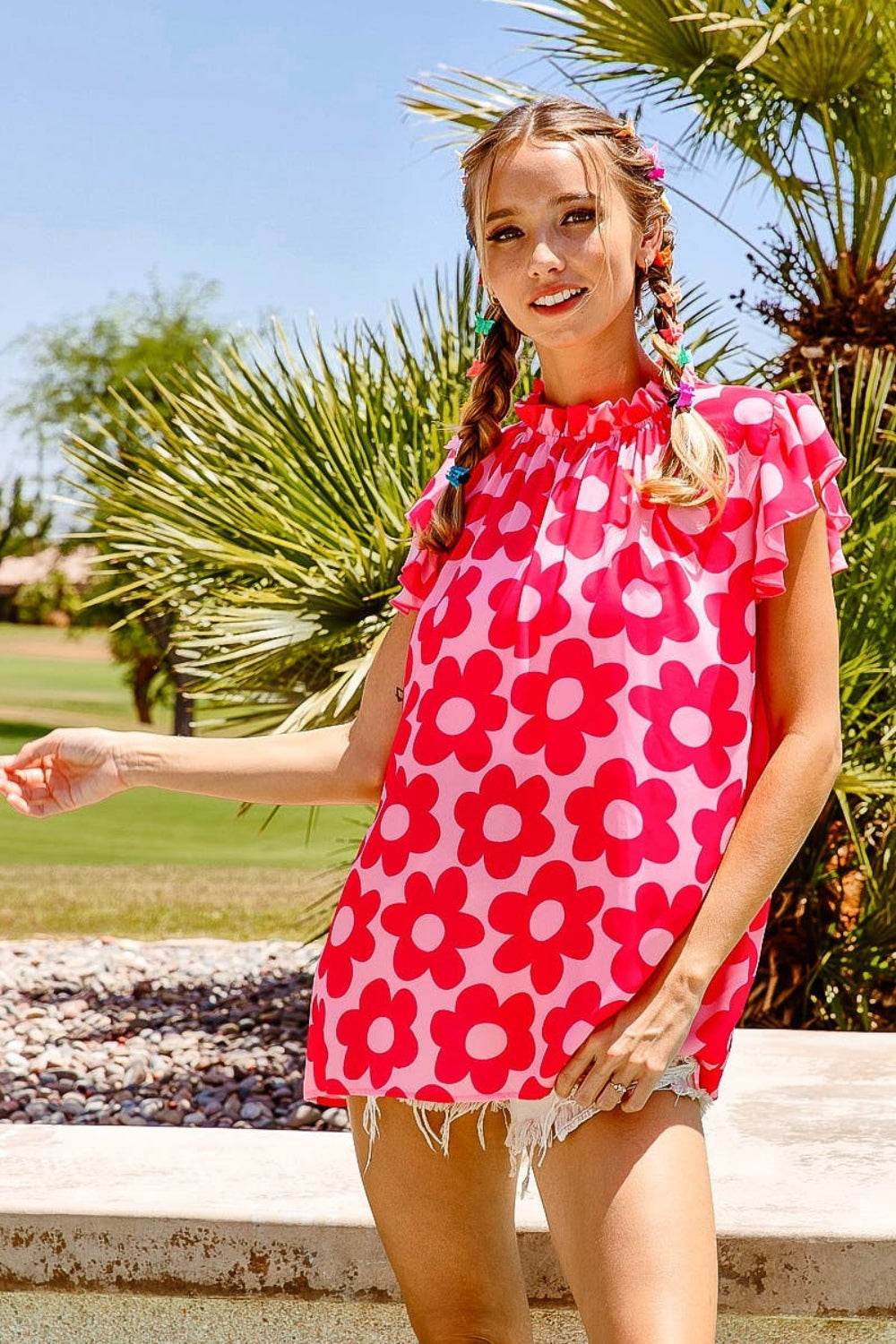 BiBi Floral Contrast Ruffled Top - Delanoir