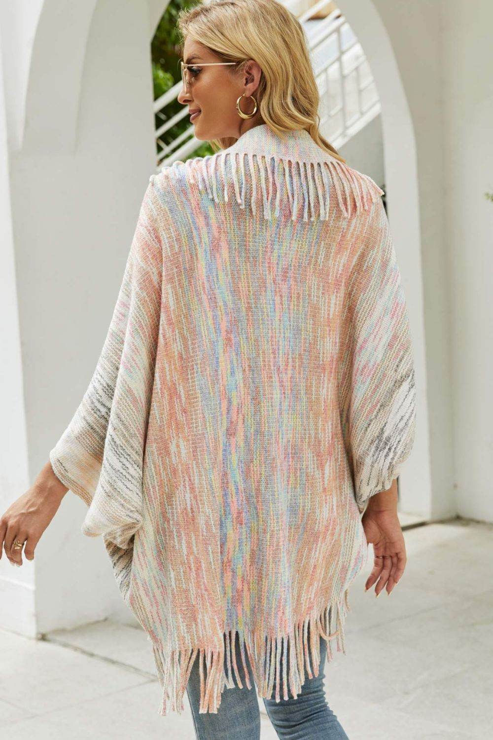 Multicolored Fringe Trim Poncho - Delanoir