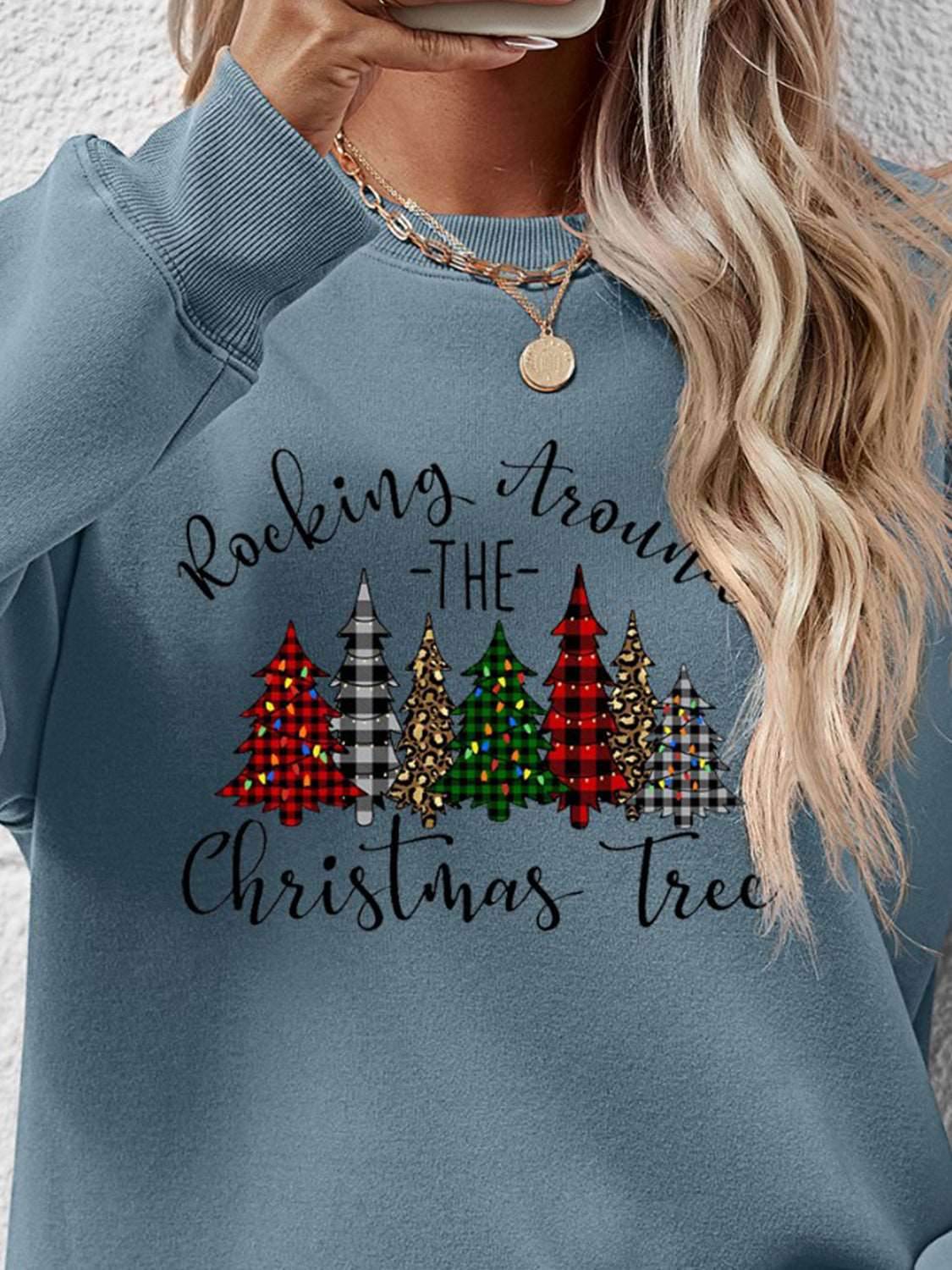 Christmas Tree Graphic Round Neck Sweatshirt - Delanoir