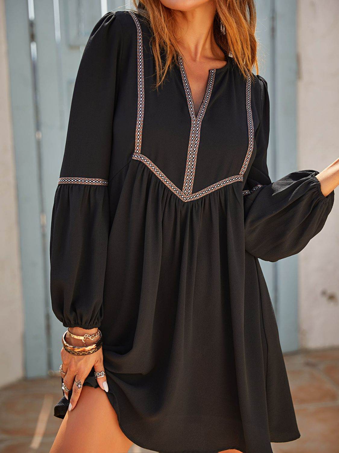 Ruched Notched Long Sleeve Mini Dress - Delanoir