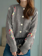 Candy Cane & Star Button Down Long Sleeve Cardigan - Delanoir