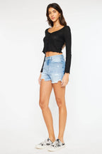 Kancan High Waist Frayed Denim Shorts - Delanoir