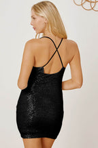 Sequin Spaghetti Strap Mini Wrap Dress - Delanoir