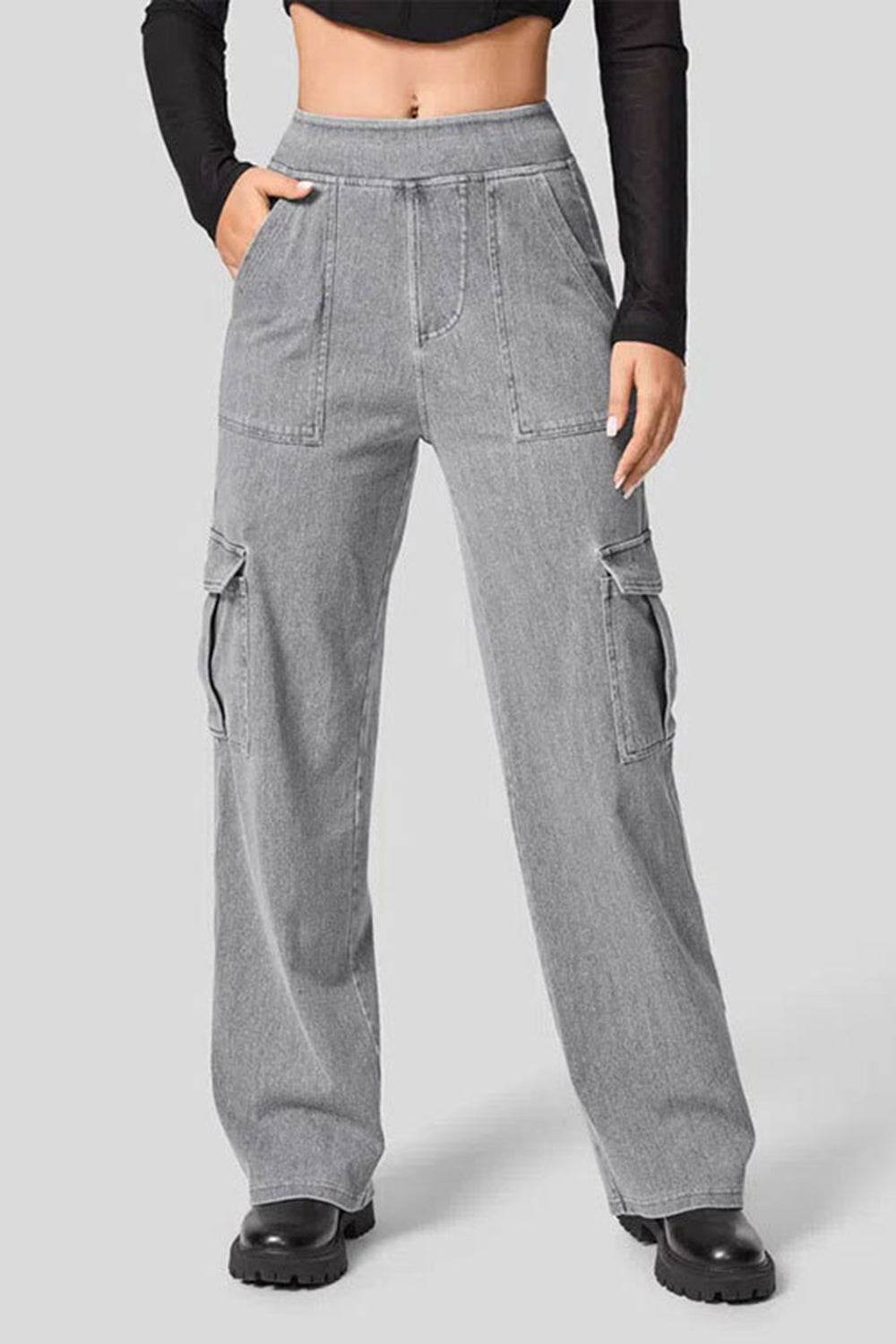 High Waist Straight Leg Cargo Jeans - Delanoir