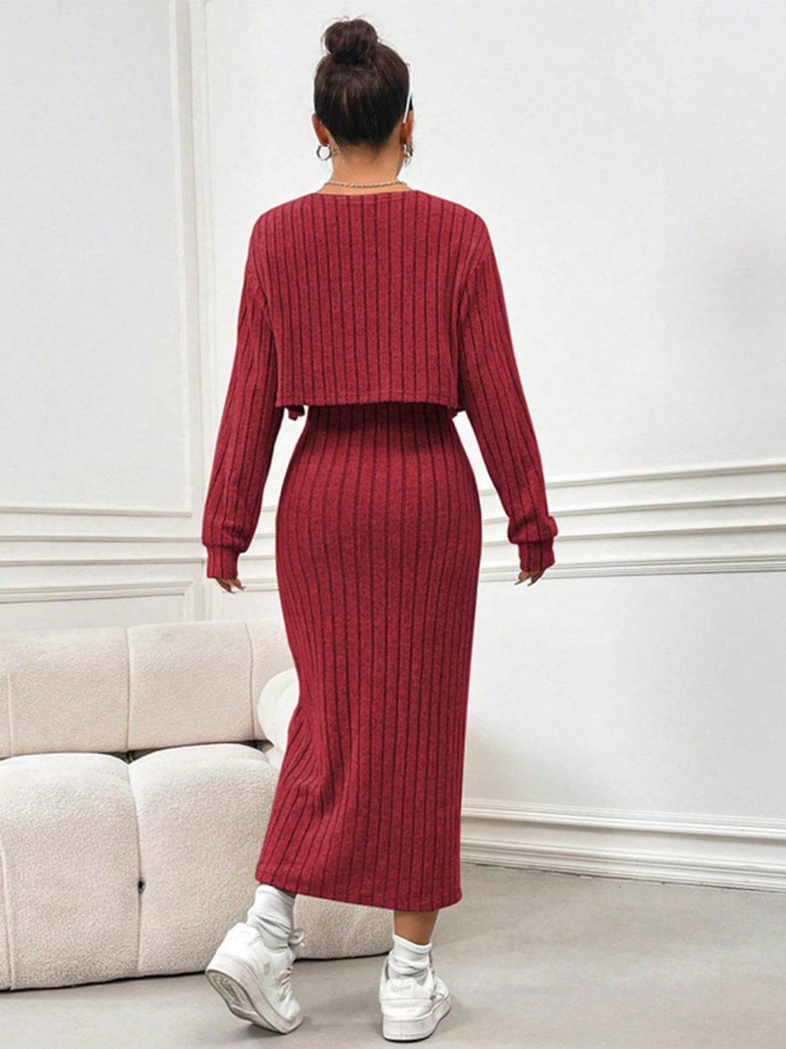 Ribbed Long Sleeve Cropped Cardigan and Slit Cami Dress Set - Delanoir