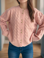 Cable-Knit Round Neck Long Sleeve Cardigan - Delanoir