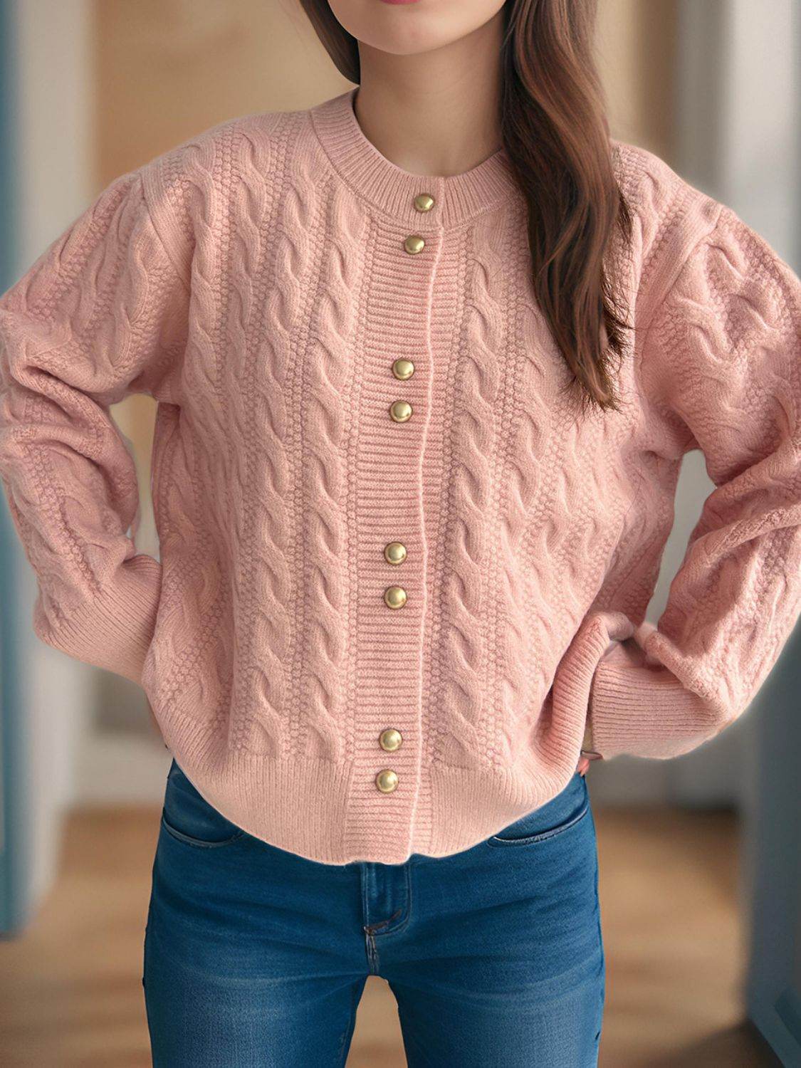 Cable-Knit Round Neck Long Sleeve Cardigan - Delanoir