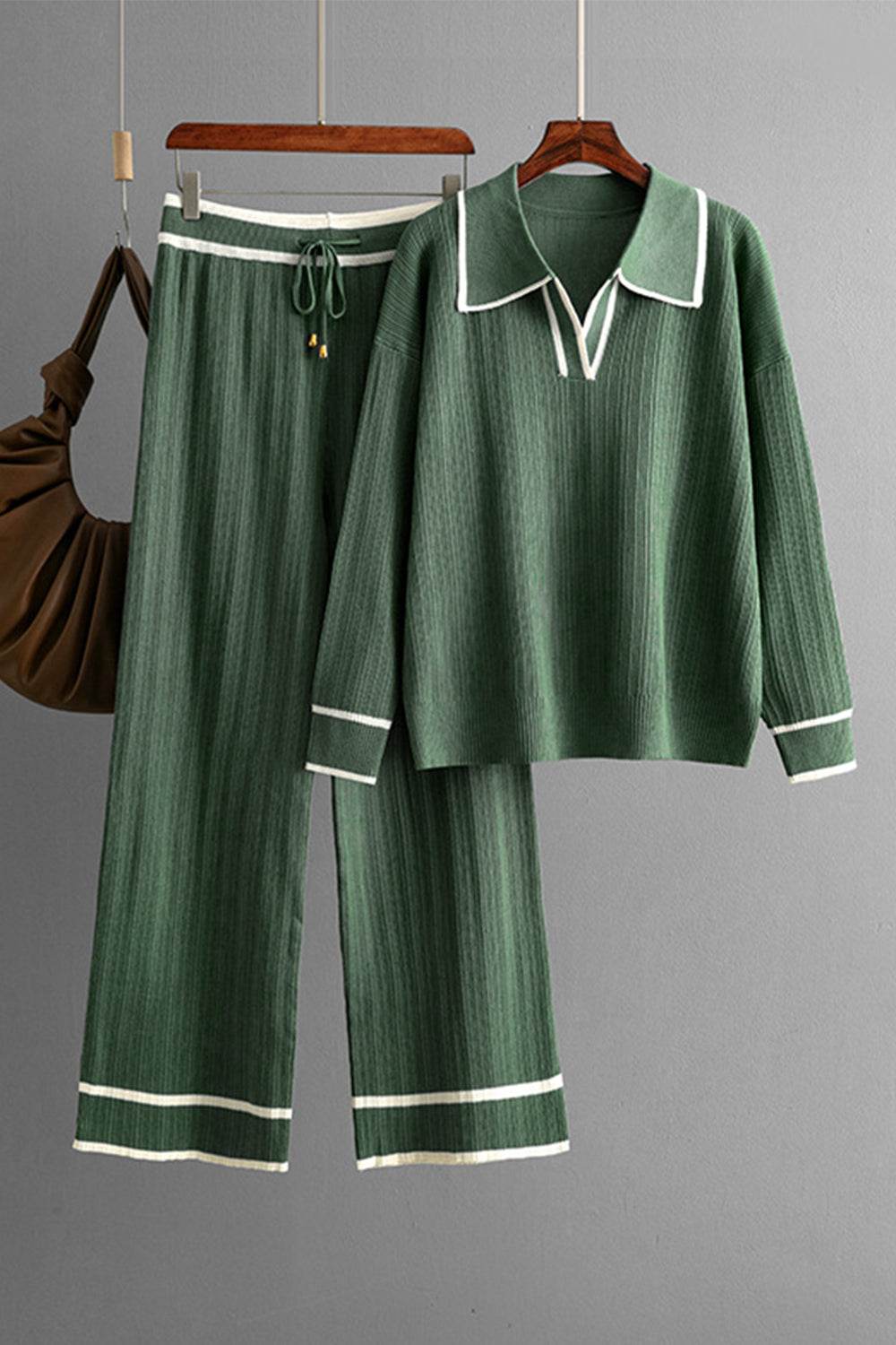 Contrast Trim Johnny Collar Top and Drawstring Pants Sweater Set - Delanoir
