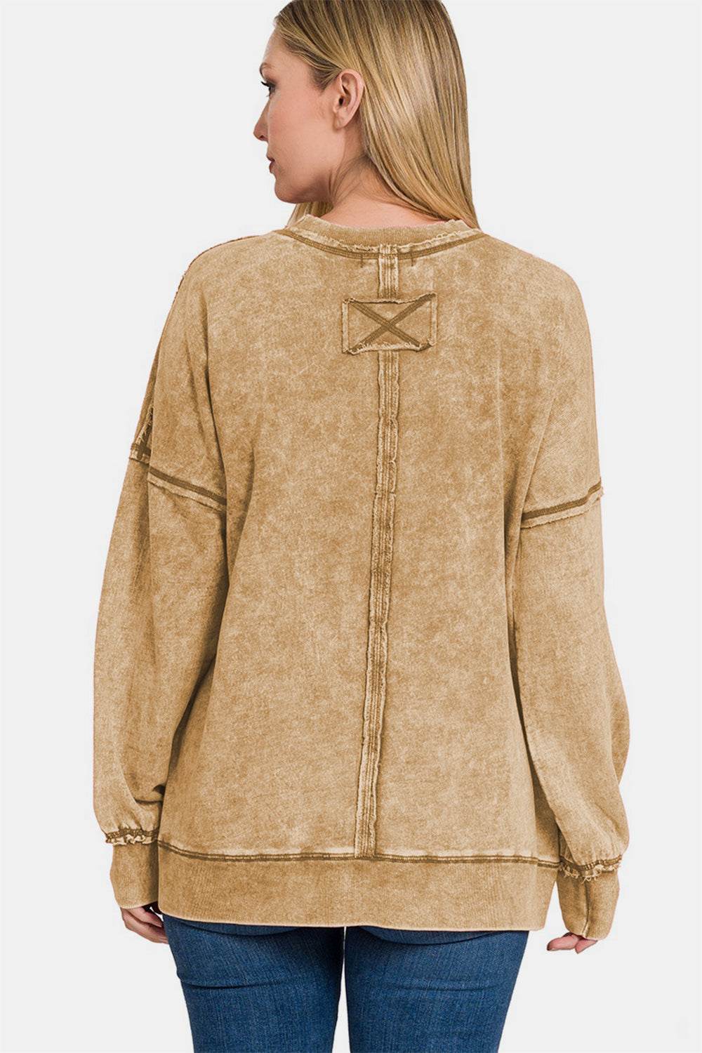 Zenana Exposed Seam Round Neck Dropped Shoulder Sweatshirt - Delanoir