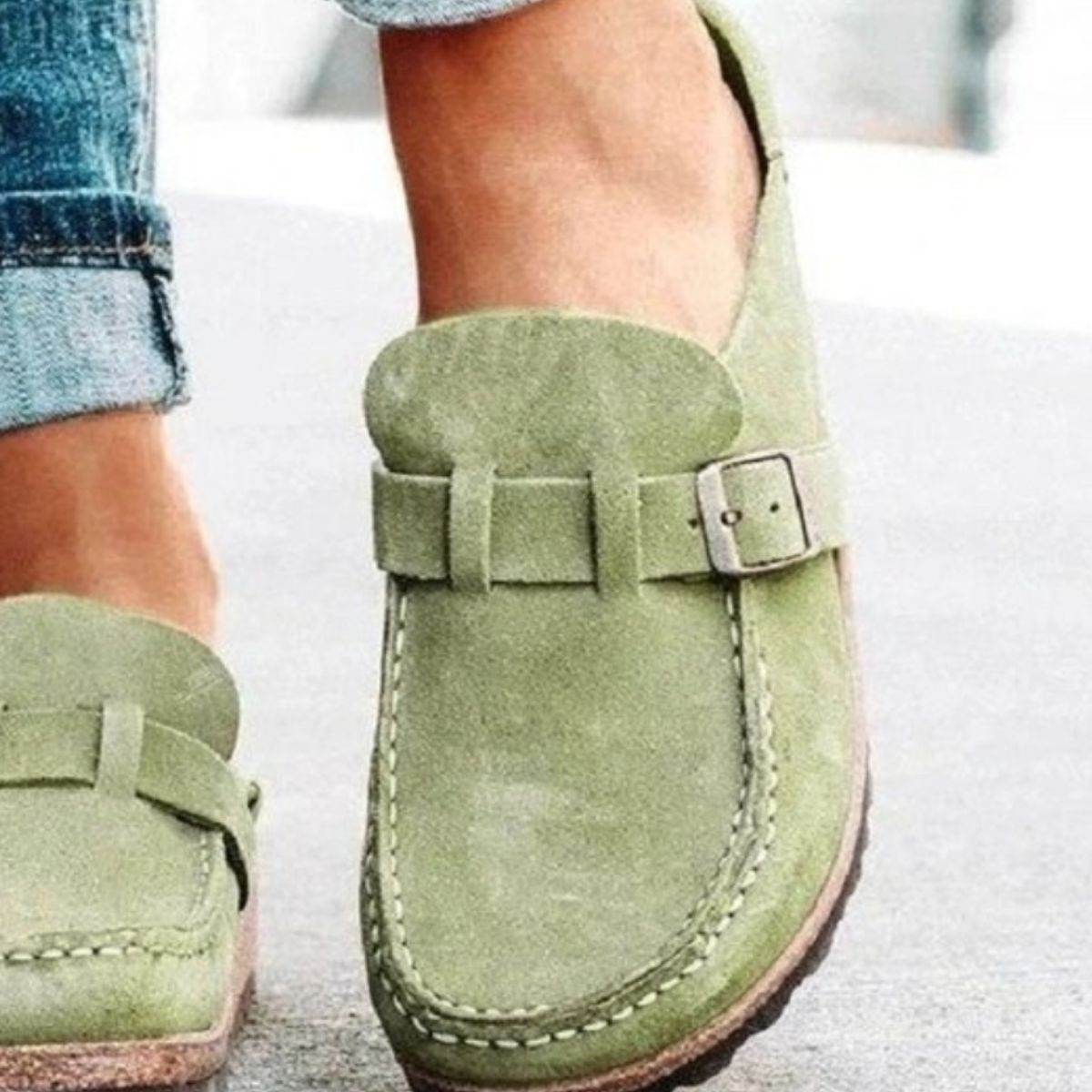 Round Toe Low Heel Buckle Loafers - Delanoir