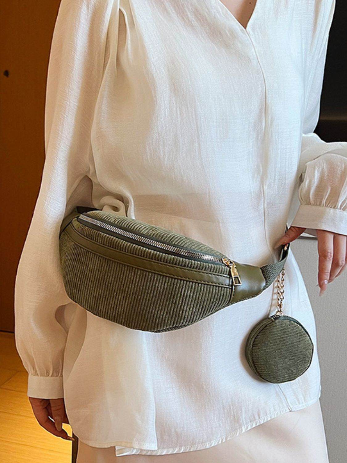 Corduroy Adjustable Strap Crossbody Bag with Pouch - Delanoir
