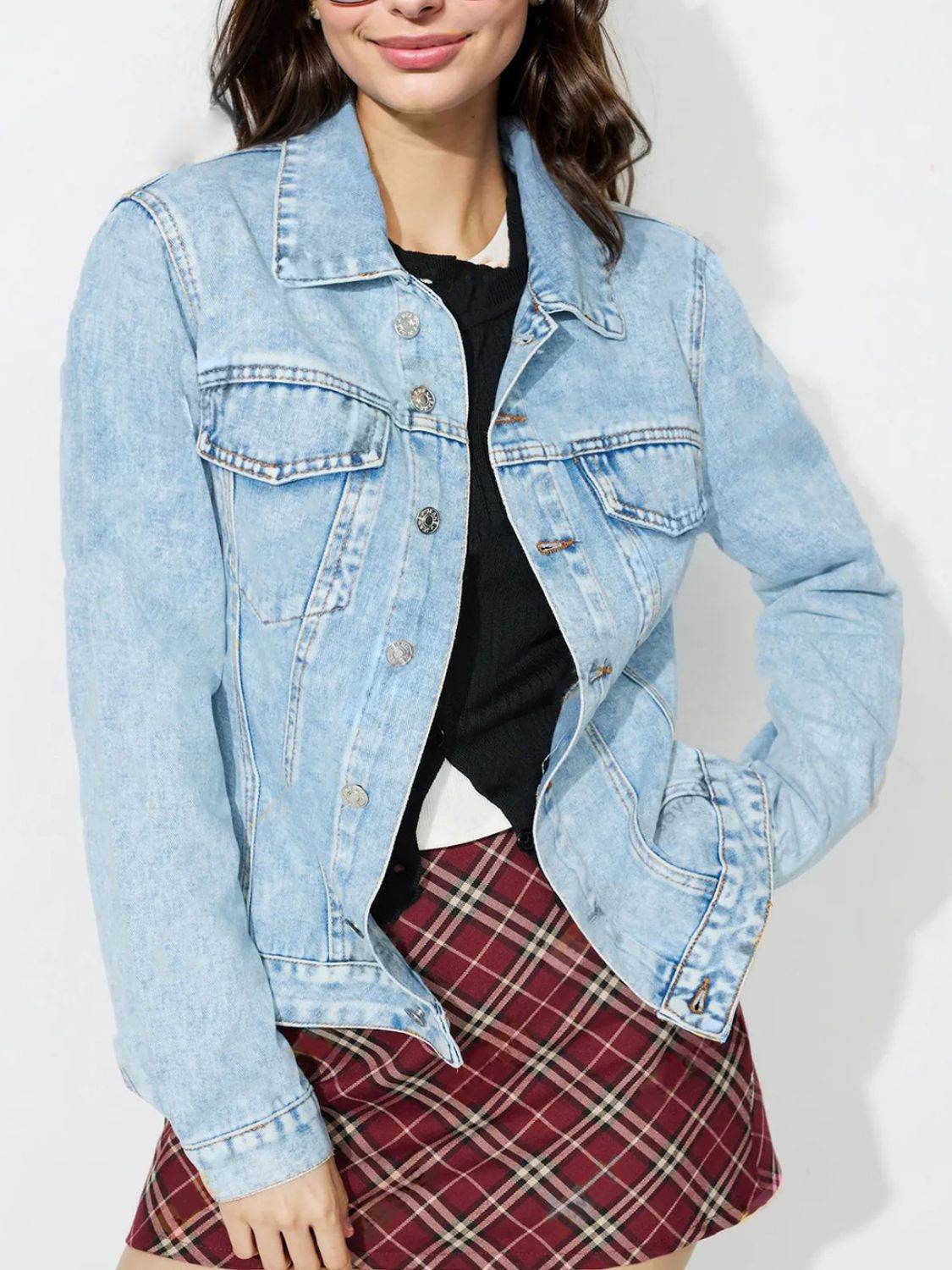 Button Up Long Sleeve Denim Shacket - Delanoir