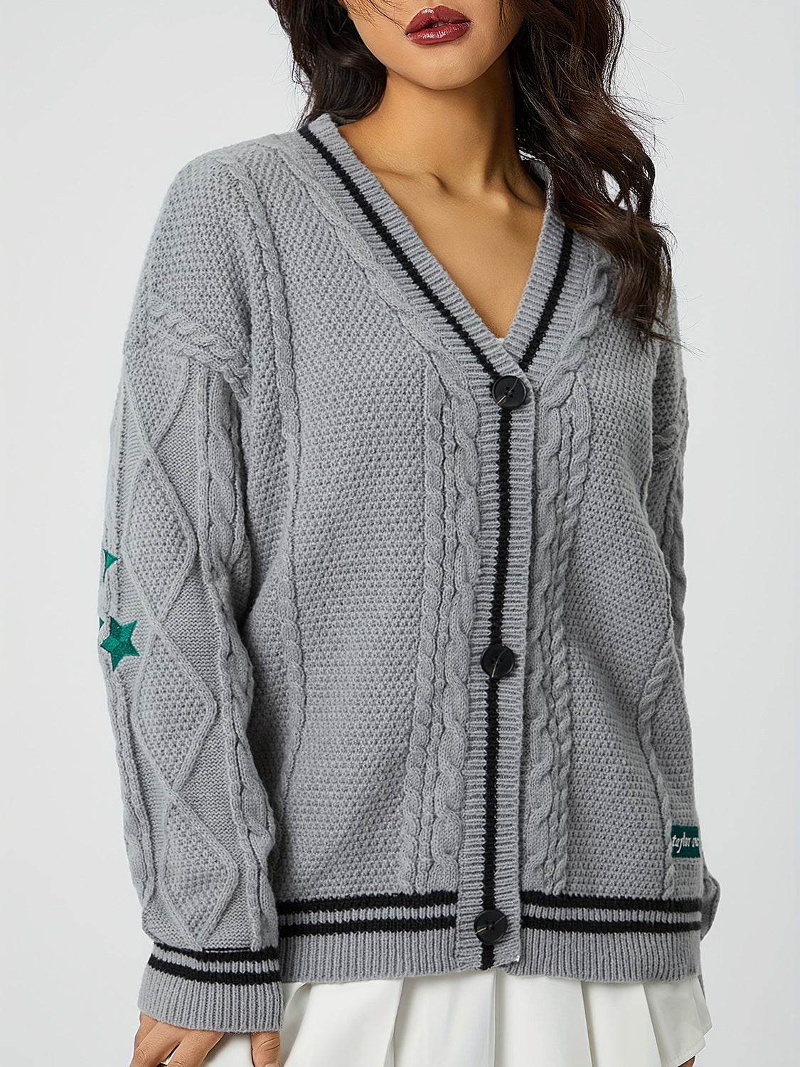 Star Embroidered V-Neck Long Sleeve Cardigan - Delanoir