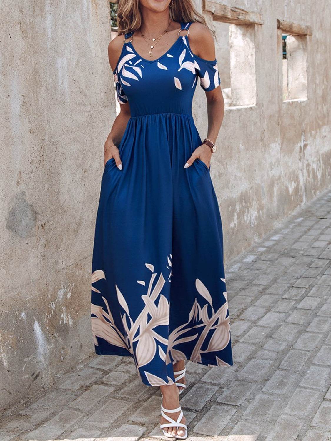 Printed Cold Shoulder Short Sleeve Maxi Dress - Delanoir