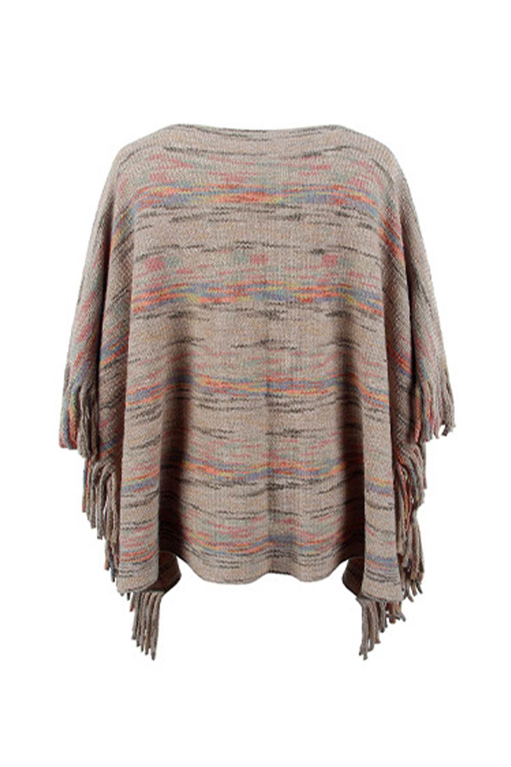 Round Neck Fringe Detail Sleeve Poncho - Delanoir