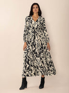 Tied Printed V-Neck Long Sleeve Midi Dress - Delanoir