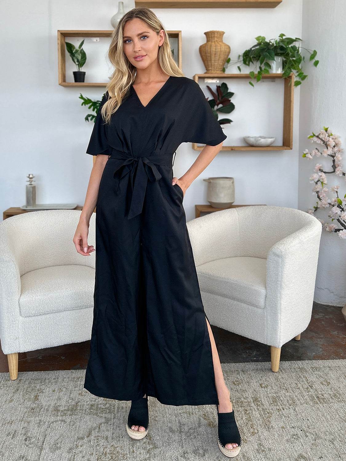 Double Take Full Size V-Neck Tied Side Slit Jumpsuit - Delanoir