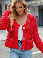 Round Neck Button Up Cardigan with Pockets - Delanoir
