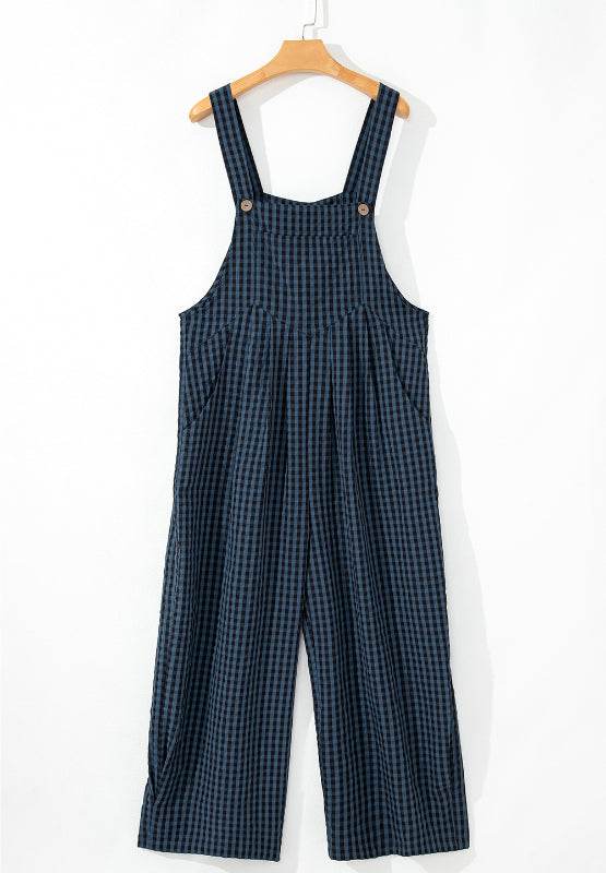 Plaid Wide Strap Wide Leg Overalls - Delanoir
