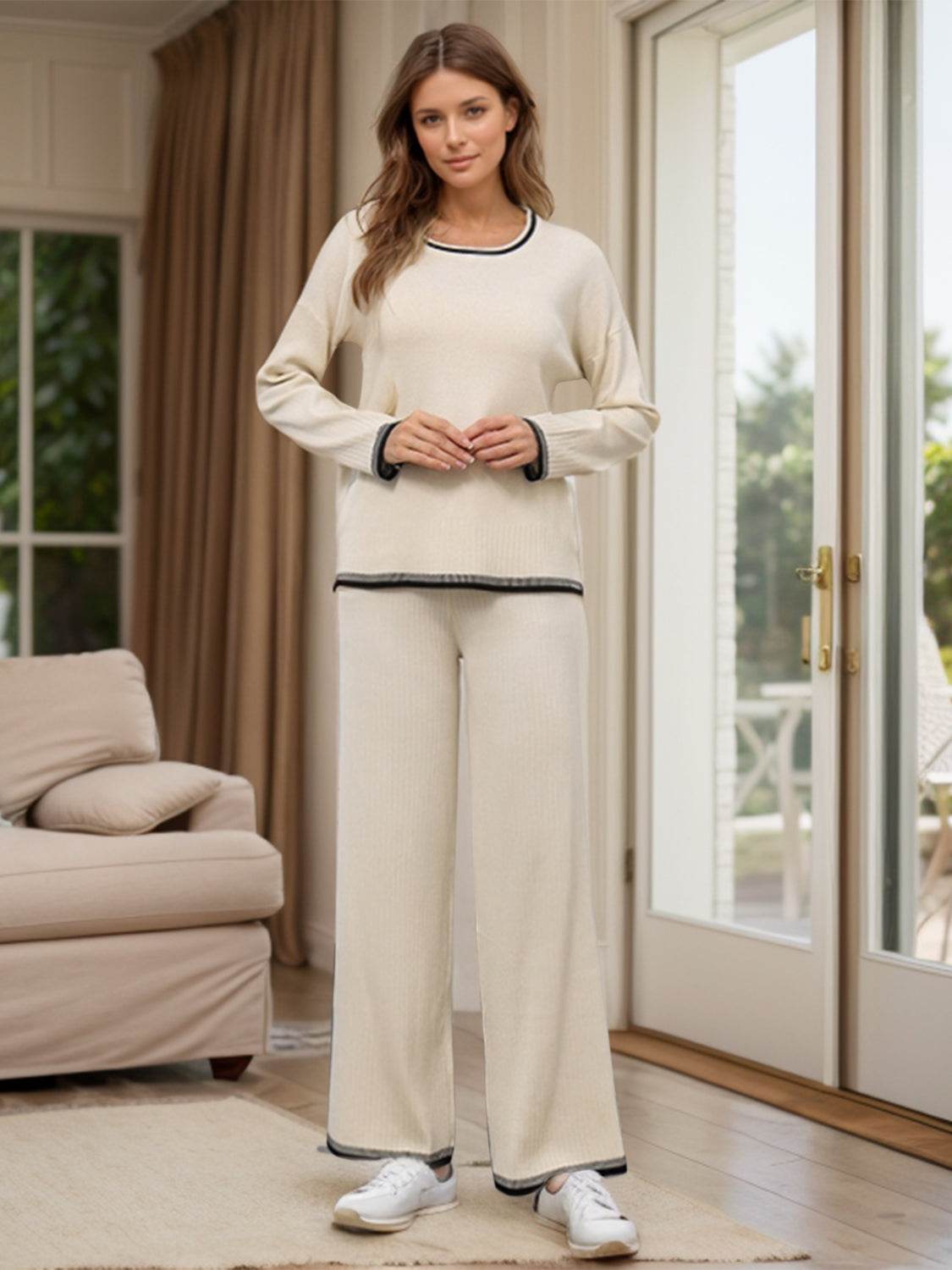 Contrast Trim Round Neck Top and Pants Sweater Set - Delanoir