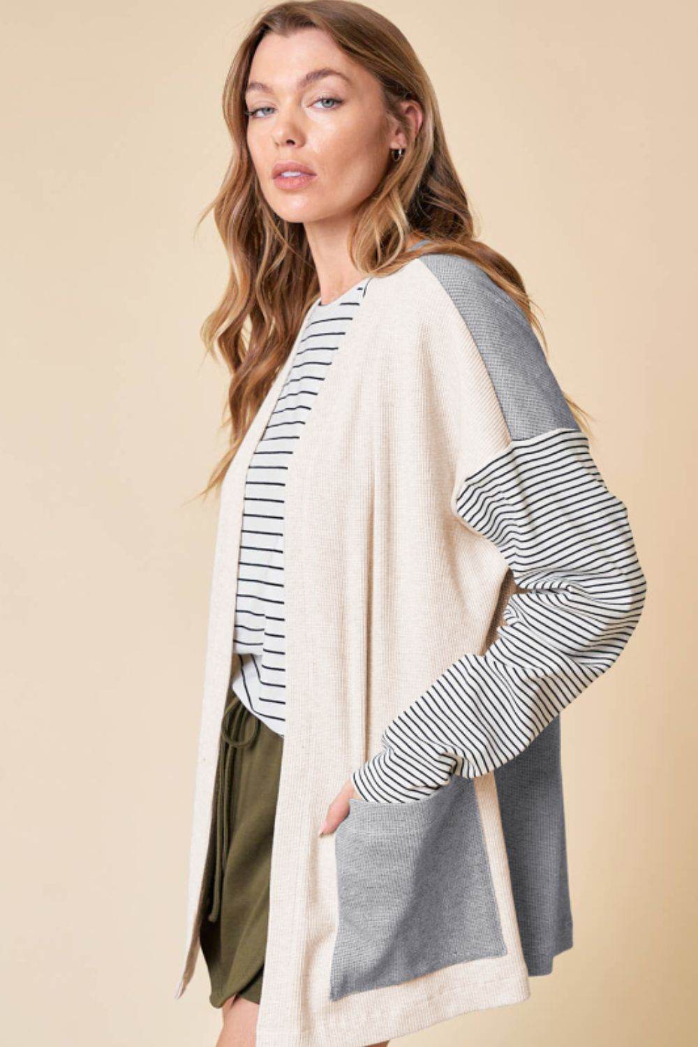 Open Front Long Sleeve Striped Cardigan with Pockets - Delanoir