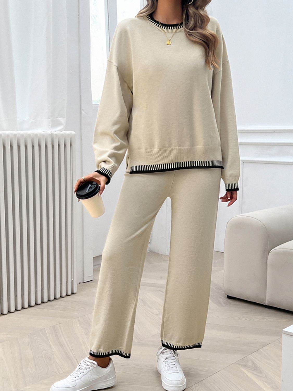 Devine Round Neck Dropped Shoulder Top and Pants Sweater Set - Delanoir