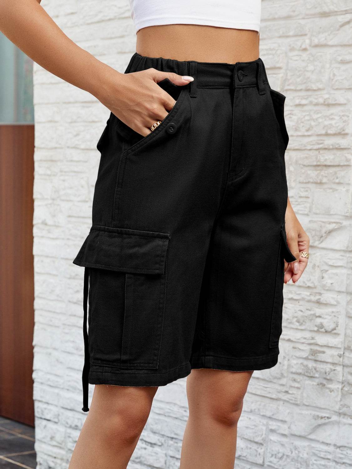 High Waist Denim Shorts with Pockets - Delanoir