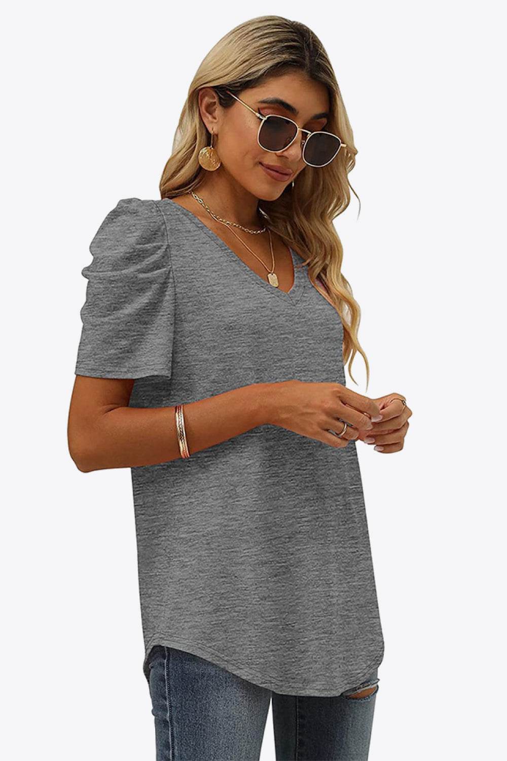 V-Neck Puff Sleeve Tee - Delanoir