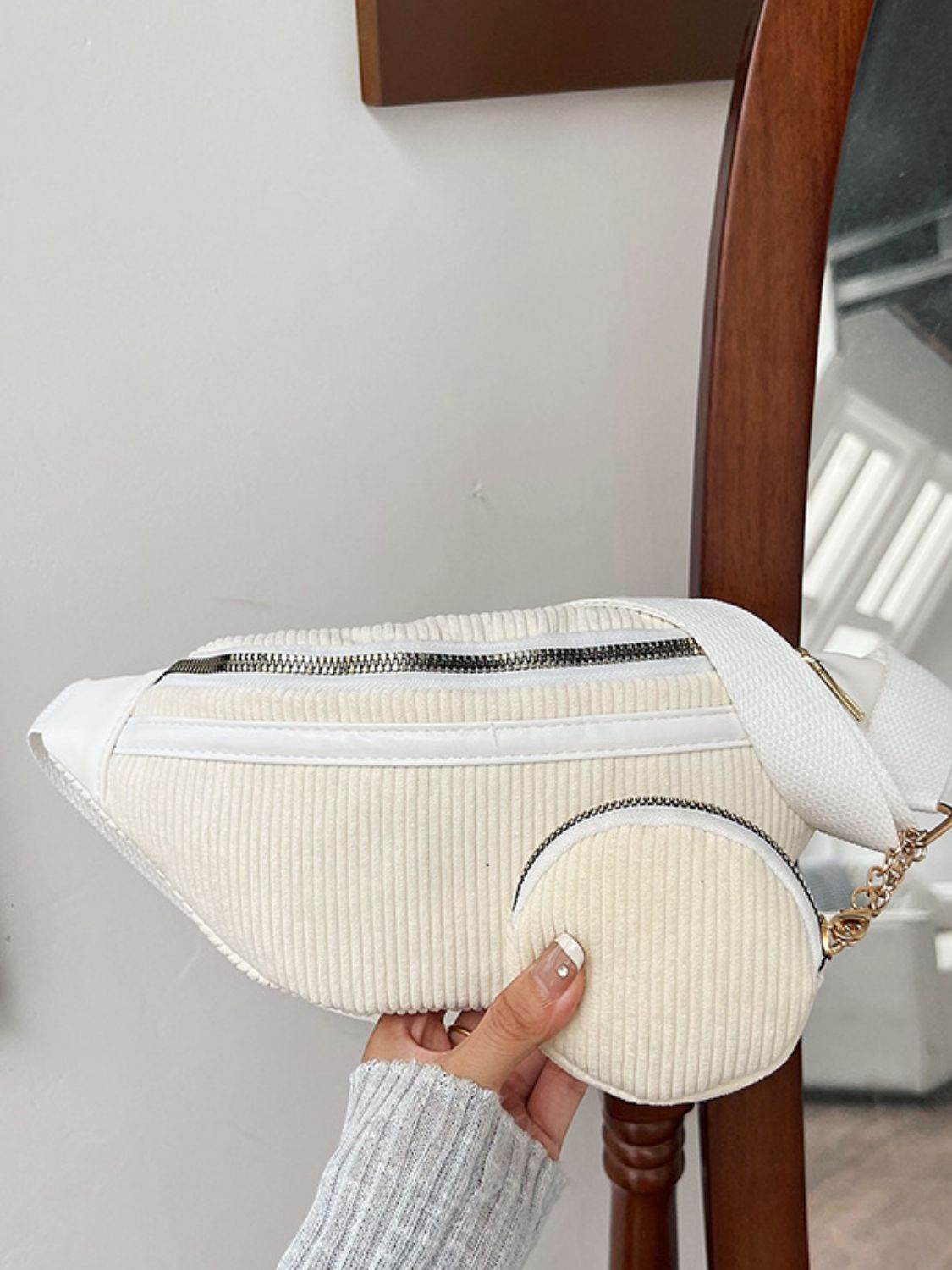 Corduroy Adjustable Strap Crossbody Bag with Pouch - Delanoir