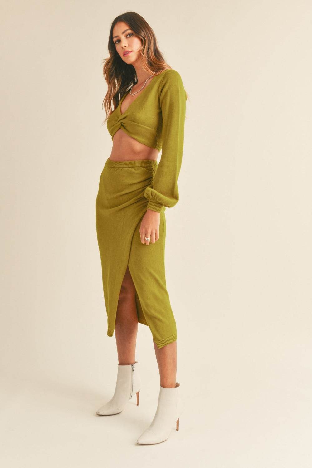 MABLE Front Twisted Knit Top and Midi Skirt Set - Delanoir