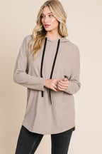 BOMBOM Contrast Drawstring Drop Shoulder Knit Hoodie - Delanoir