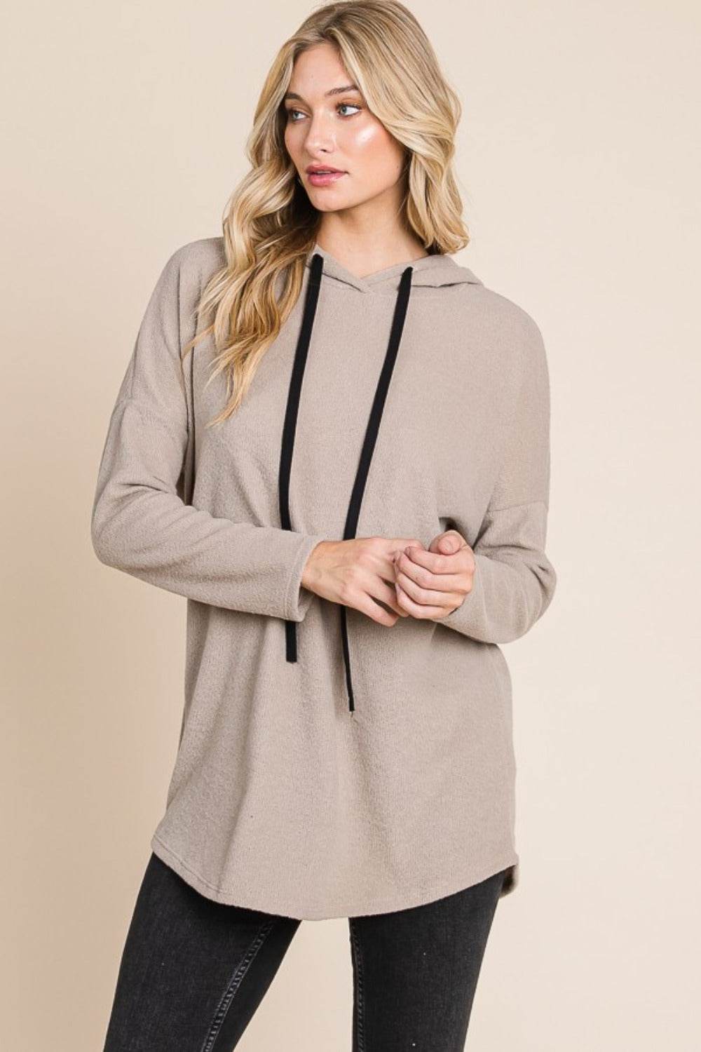 BOMBOM Contrast Drawstring Drop Shoulder Knit Hoodie - Delanoir