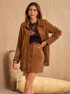 Button Up Collared Neck Jacket and Skirt Set - Delanoir