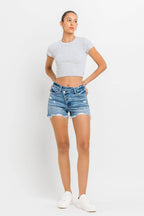Lovervet Stepped Waist Raw Hem Denim Shorts - Delanoir