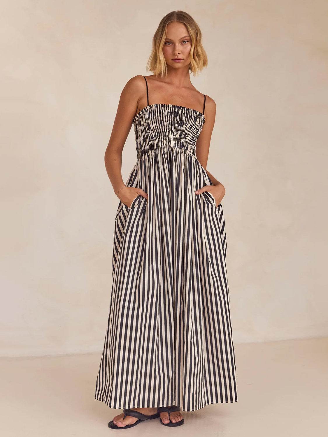 Smocked Striped Square Neck Cami Dress - Delanoir