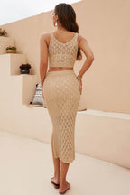 Openwork Cropped Tank and Split Skirt Set - Delanoir