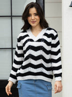 Openwork Striped V-Neck Sweater - Delanoir
