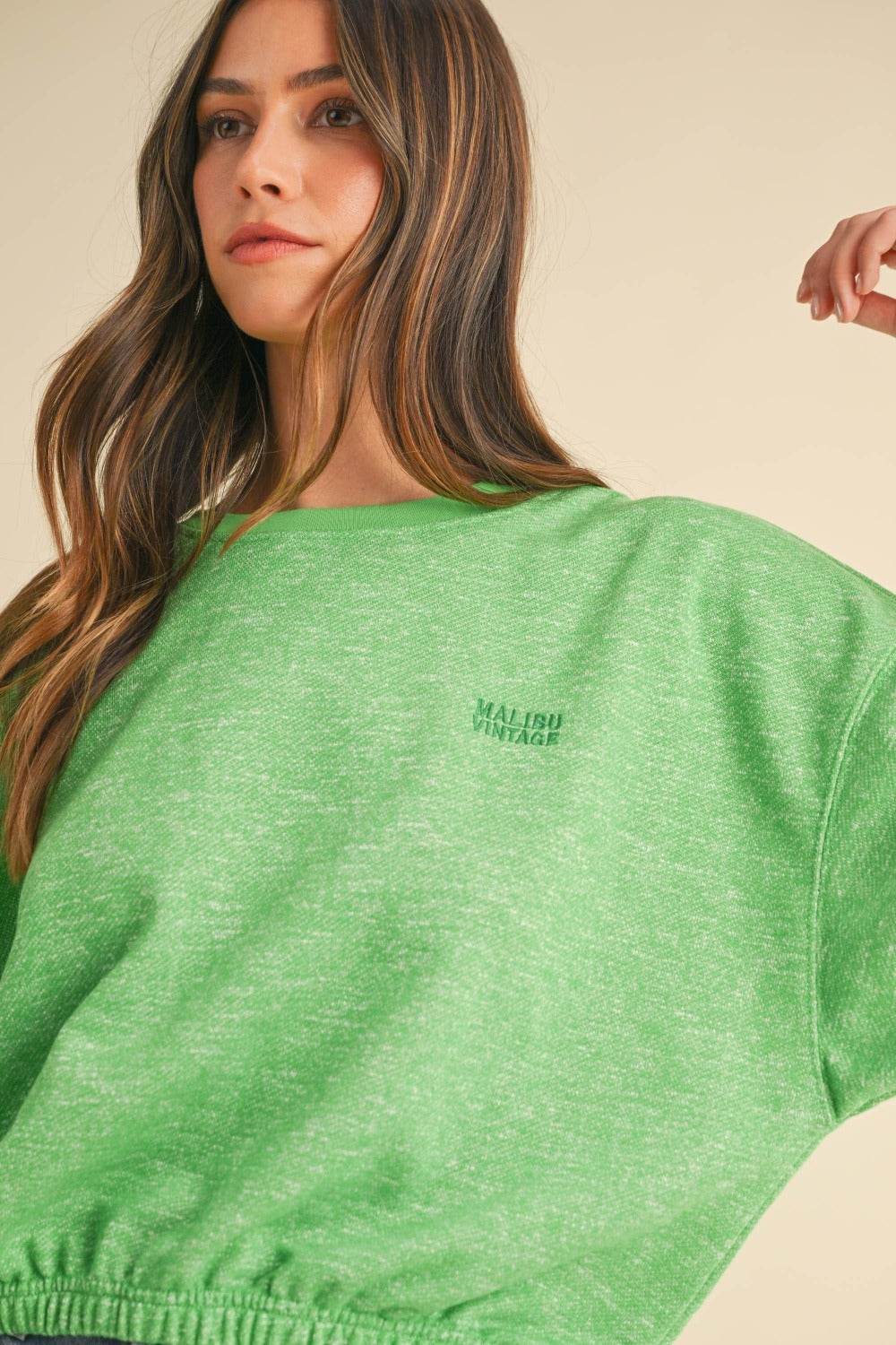 Mable Round Neck Letter Embroidery Crop Sweatshirt - Delanoir