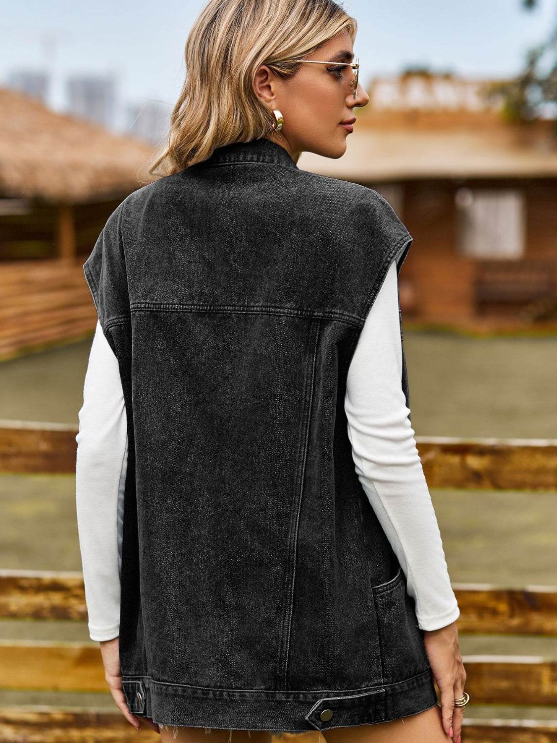 Button Up Collared Neck Sleeveless Denim Jacket - Delanoir