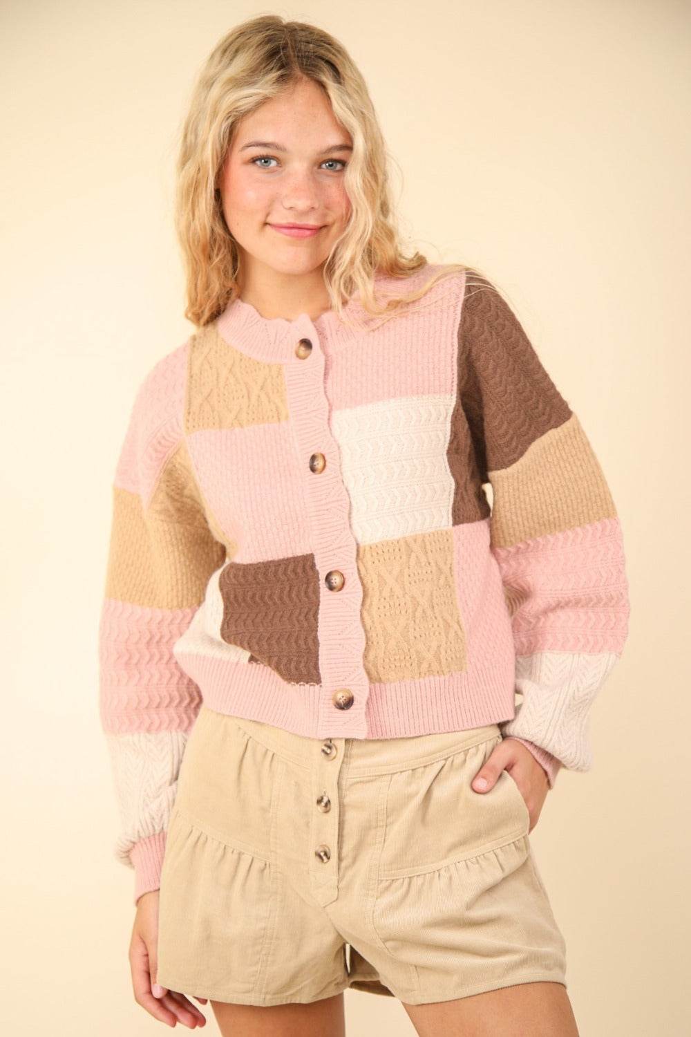 VERY J Color Block Button Down Textured Sweater Cardigan - Delanoir